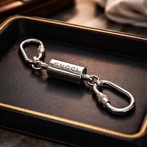 Gucci Double Carabiner Keychain Cylinder Logo Silver Tone Made in Italy
